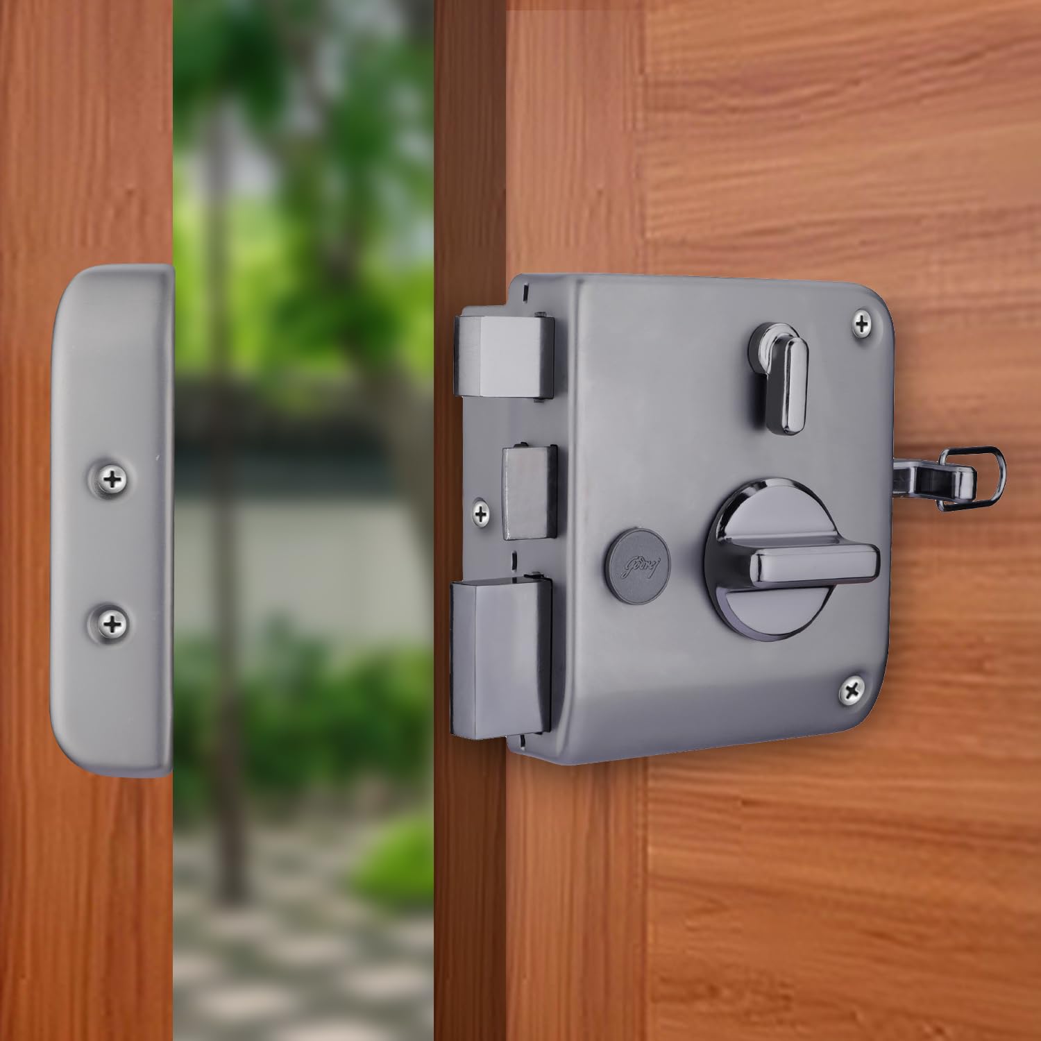 Godrej Rim Lock I Tribolt Ultra XL+ l 1CK Latchbolt I for Inside Opening Wooden Door | Left/Right Handed Doors I 4 Keys I 5-Year Warranty I Automatic Locking l Matte Black Nickel Finish — Amazon image 2