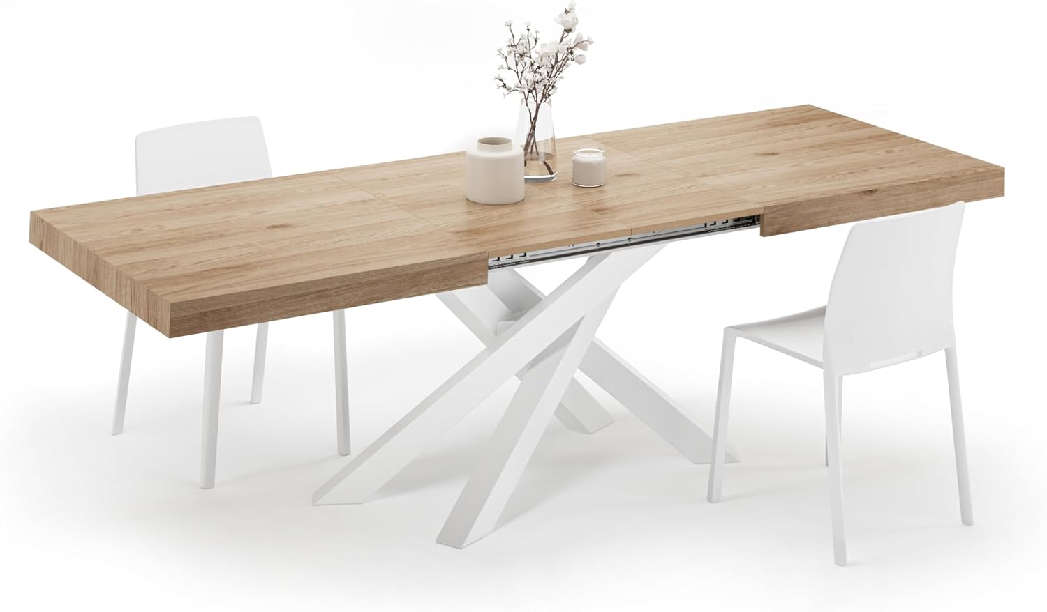 Mobili Fiver, Emma 63(94.5) x35.4 in Extendable Table, Light Oak with White Crossed Legs, for 6-10 People, Expandable Dining Table for Kitchen, Living Room, Italian Furniture