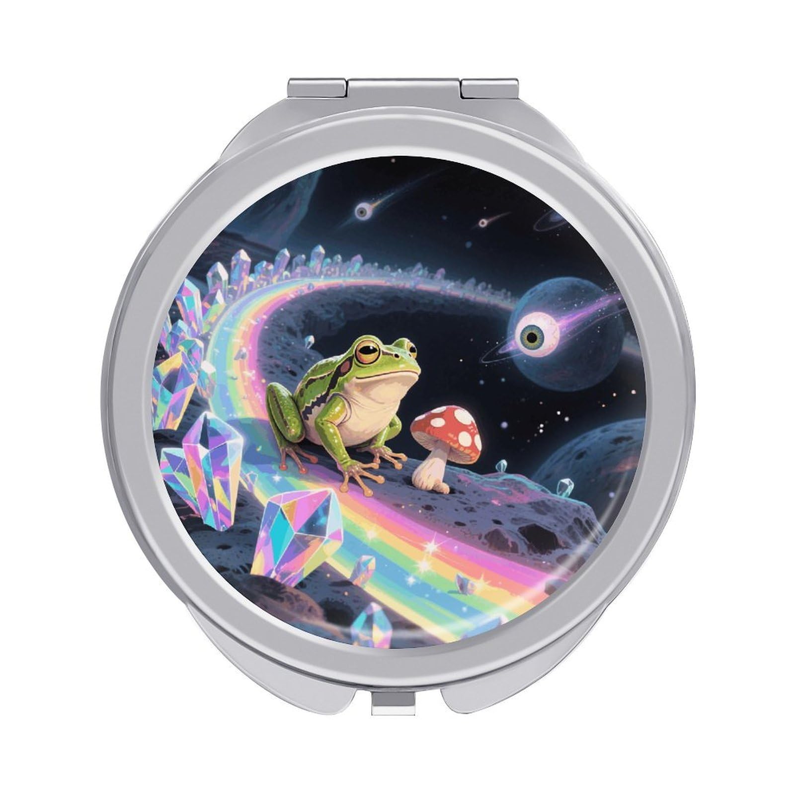 VstaDank Funny Space Frog Mushroom Makeup Mirror Beautiful Compact Makeup Mirror Silver Mirrors Surface Folding Makeups Lightweight Travel Makeups Mirrors for Suitable Handbag and Purses