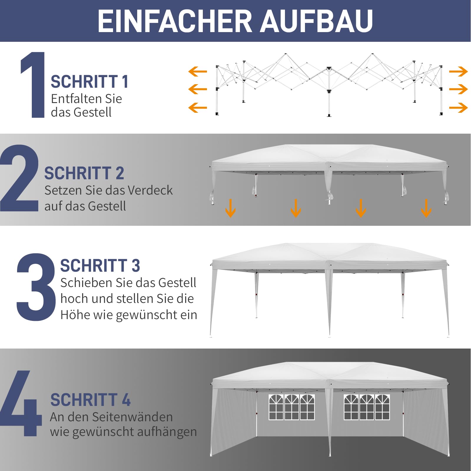 Pavillon 3x6 m,Faltpavillon Wasserdicht Windfest UV 50+ Sonnenschutz, mit 6 Seitenwände,4 Fenster,Höhenverstellbare, Stabil Gartenzelt Partyzelt für Garten, Party, Terrasse,Camping Weiß