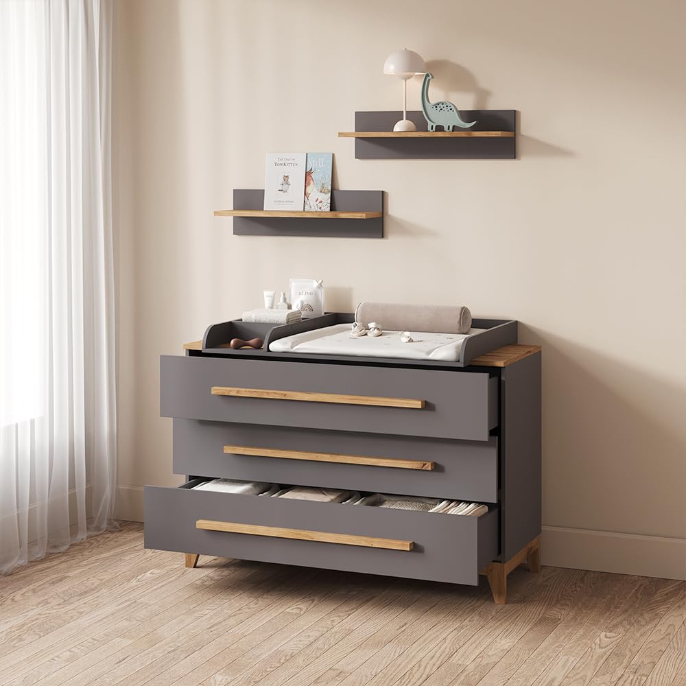 Livinity Commode à Langer Mailo, Gris/Artisan, XL avec 3 tiroirsorganisation Fonctionnelle pour Les Petits espaces