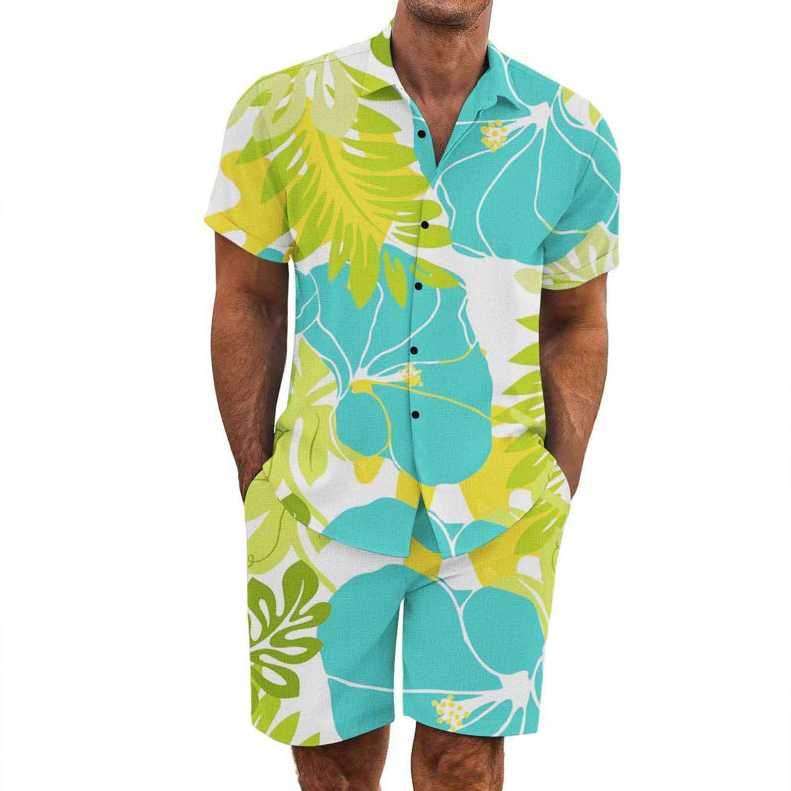 Tuta Completo Uomo da Viaggio Estivo 2 Pezzi - Set Camicia e Short Hawaiano Stampa Abbigliamento Leggero Tuta Sportivo Estiva Elegante Traspirante per Vacanze e Tempo