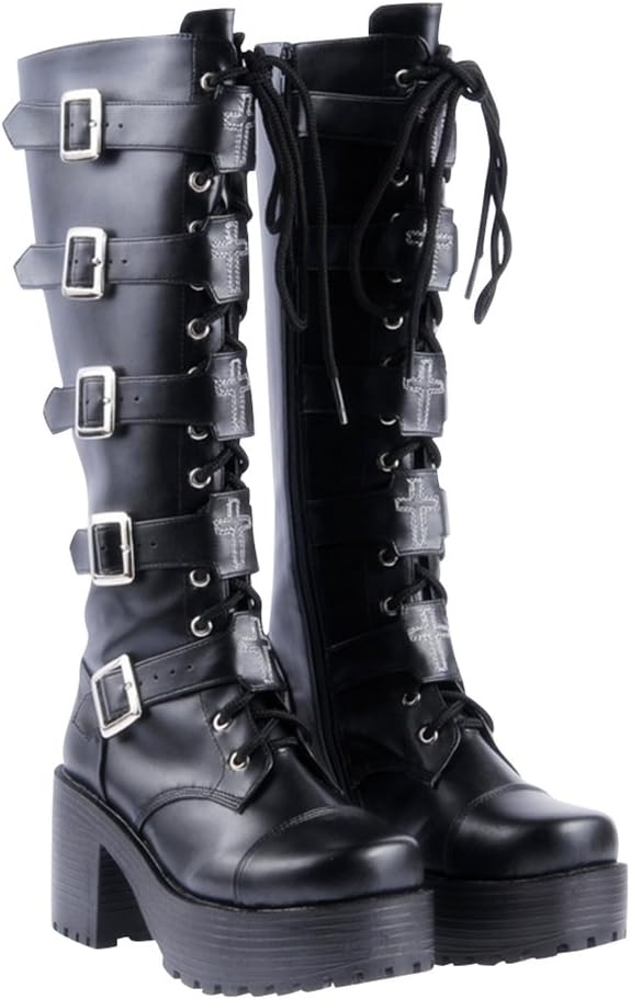 Lorie & Knight Japanese Harajuku Women Black Leather Buckle Straps Lace Up Gothic Punk Cosplay Platform High Boots