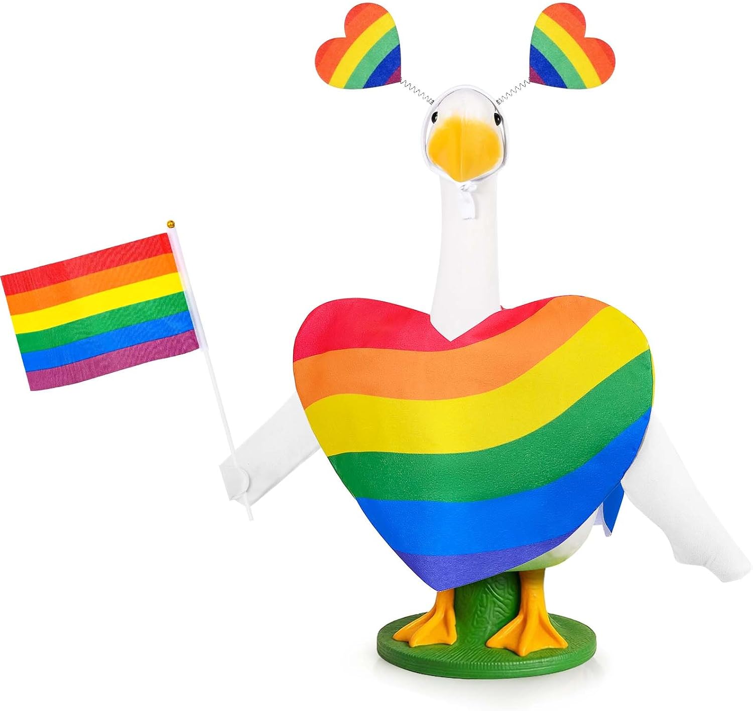 JcHrmers Pride Month Goose Outfit Set - Rainbow Heart Costume with Headband & LGBTQ Flag for 23 Inch Porch Goose for Outdoor Lawn Yard Garden Happy Pride Yard Decor