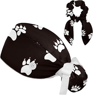 FVQL 2 Pieces Surgical Cap for Long Hair Scrub Cap with Hairband Nurse Cap, Animal paw Pattern