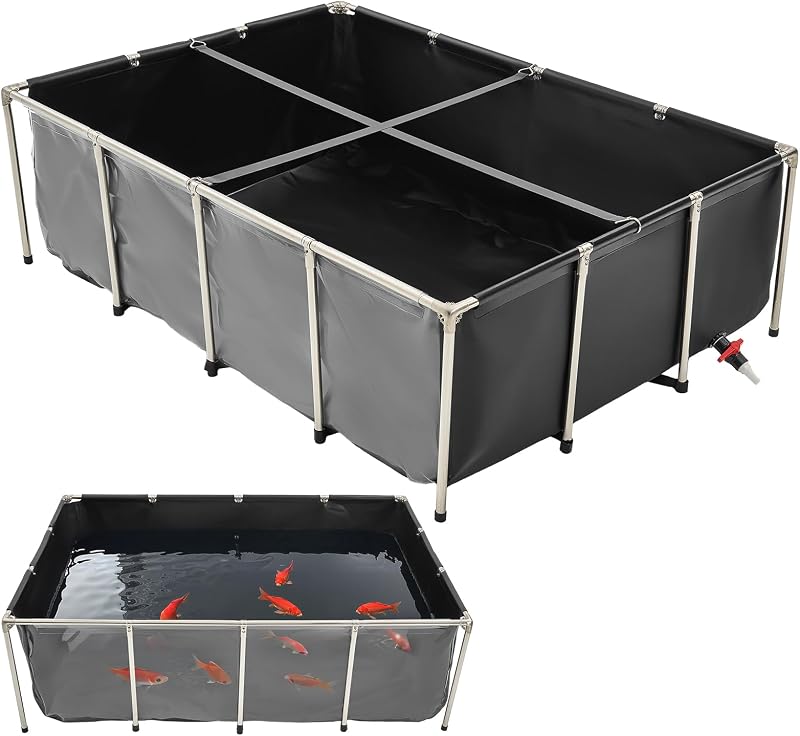 VEVOR Canvas Fish Pond, 470 Gal Above Ground Fish Pond, PVC Koi Tank with Clear Viewing Panel, Rectangular Goldfish Tank with Stainless Steel Frame & Drain Valve, for Breeding Koi, Irrigation(Black) | For Breeding Koi, Irrigation, with Clear Viewing Panel, Rectangular Goldfish Tank with Stainless Steel Frame & Drain Valve