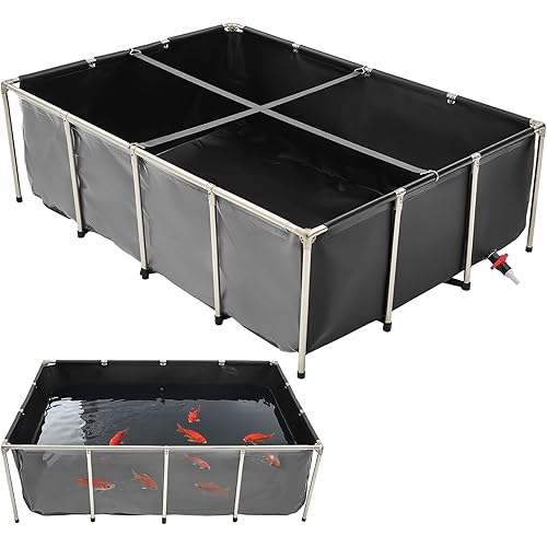 VEVOR Canvas Fish Pond, 470 Gal Above Ground Fish Pond, PVC Koi Tank with Clear Viewing Panel, Rectangular Goldfish Tank with Stainless Steel Frame & Drain Valve, for Breeding Koi, Irrigation(Black)