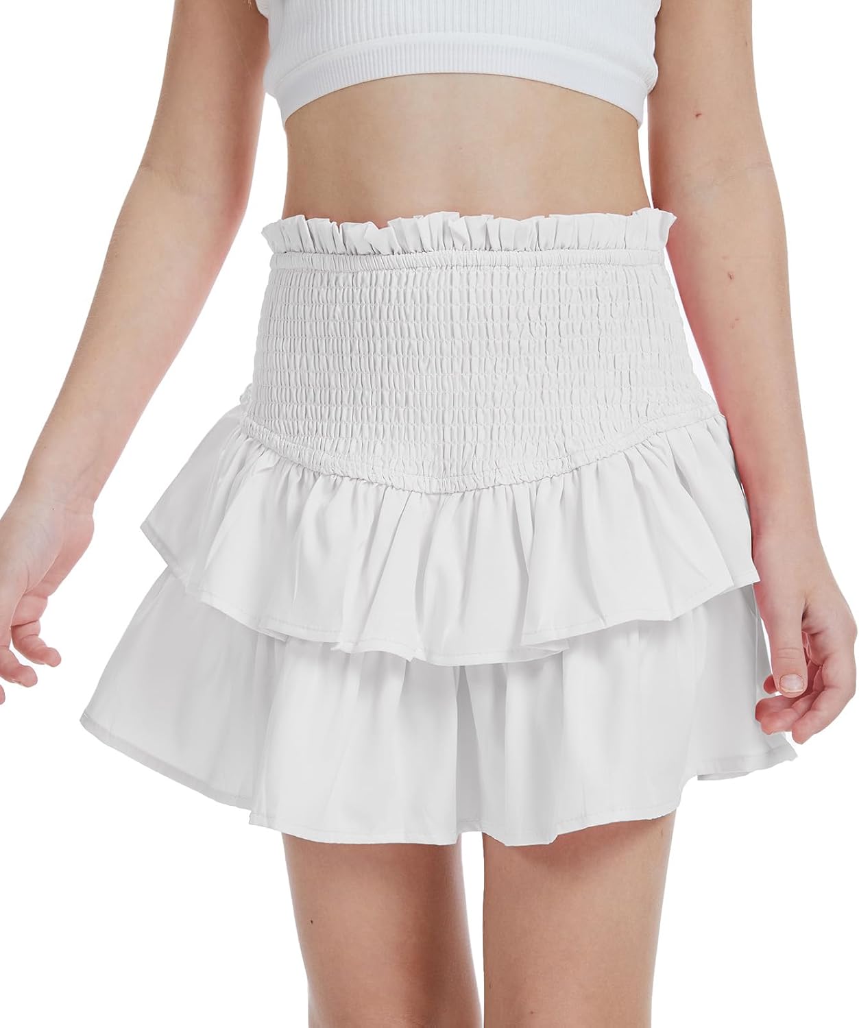 Girls Mini Skirts High Elastic Waisted Tiered Smocked Ruffle Skirt with Shorts US Size 4-15 - Image 2