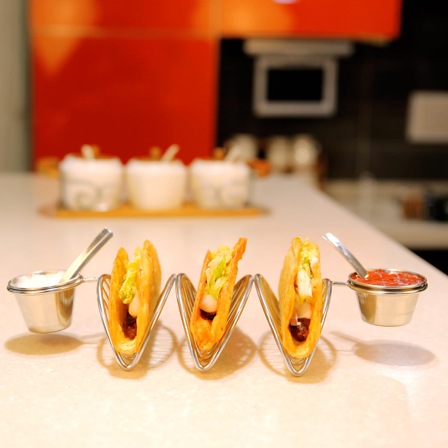 Dolin Decor Premium Stainless Steel (Ss) Taco Holder Stand with Two Dip Bowl β Stylish and Durable Taco Shell Serving Rack for Parties (Silver) (Silver, Set of 4)