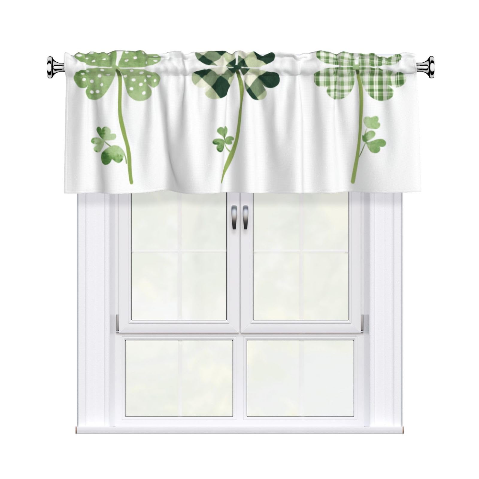 Woshuwo Plaid Polka Dot Shamrocks Valances For Windows Rod Pocket Window Treatment Short Curtains For Kitchen Living Room Bedroom Decor 54x18in
