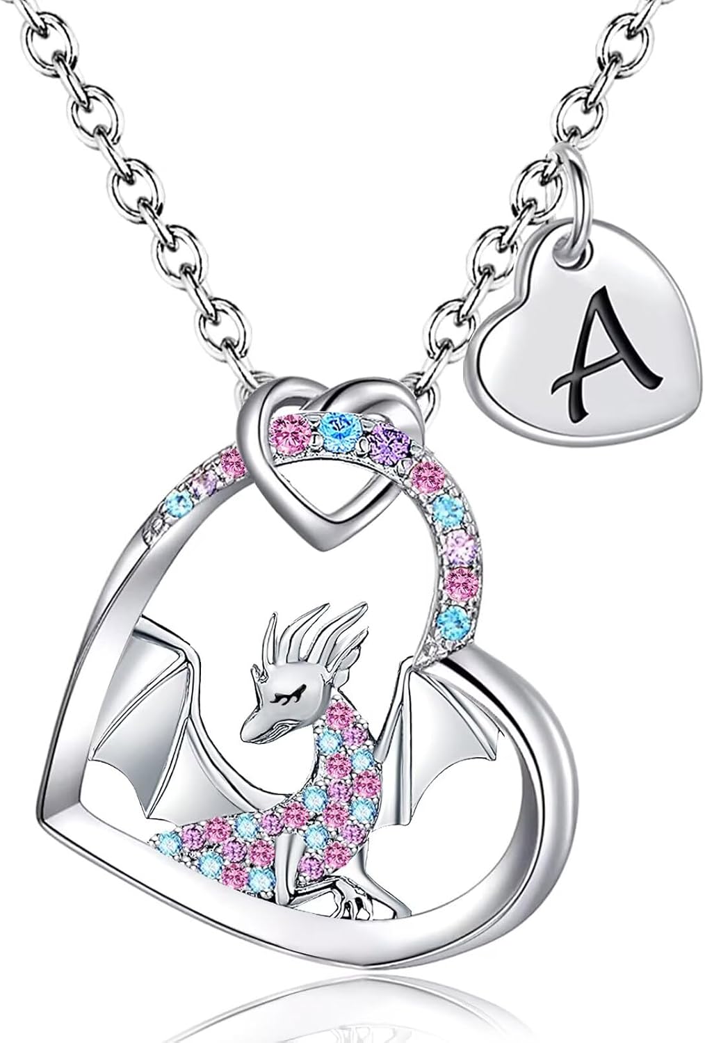 Dragon Necklace Gifts for Kids Girls Rainbow Dinosaur Animal Pendant Colorful CZ Heart Letter Initial Jewelry Gifts for Daughter Granddaughter Little Teen Girl