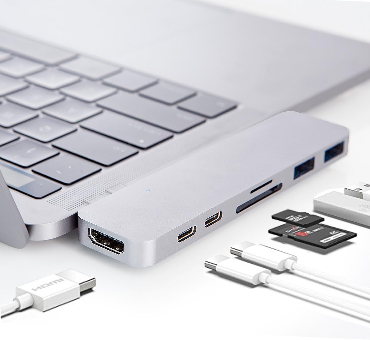 HyperDrive USB C Adapter, Sanho Type-C Duo Hub 50Gbps for MacBook Pro 13" 15" 2016/2017, 7in2: USB-C 40Mbps 100W, USB-C 5Gbps, 4K HDMI, microSD/SD Card Reader, 2xUSB 3.1