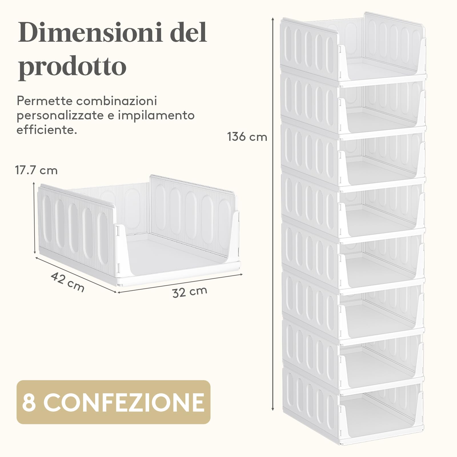 Lifewit Organizzatori Armadio con Cassetti Estraibili, 8 Pezzi Contenitori Impilabili per Vestiti, Ripiani per Armadio Interno, Scatole Salvaspazio in Plastica per Magliette, Pantaloni, 24L, Bianco