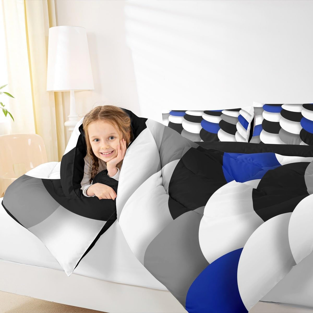 jejeloiu Kids Blue Black White Geometric Bedding Set Toddler Size Abstract Art Comforter Set for Boys Girls Abstract Duvet Quilt