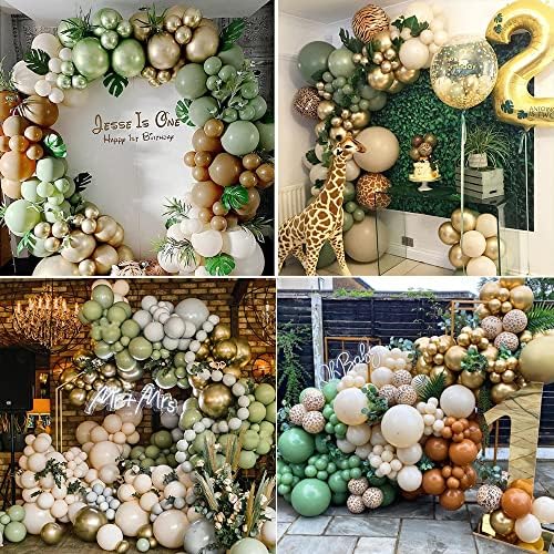 Sage Green Balloon Arch Kit, Olive Green Balloon Garland Kit, Balloon Garland Kit Green Balloons Coffee and Gold Balloons for Wild One 1st Birthday Decorations, Boy or Girl Baby Shower Decorations