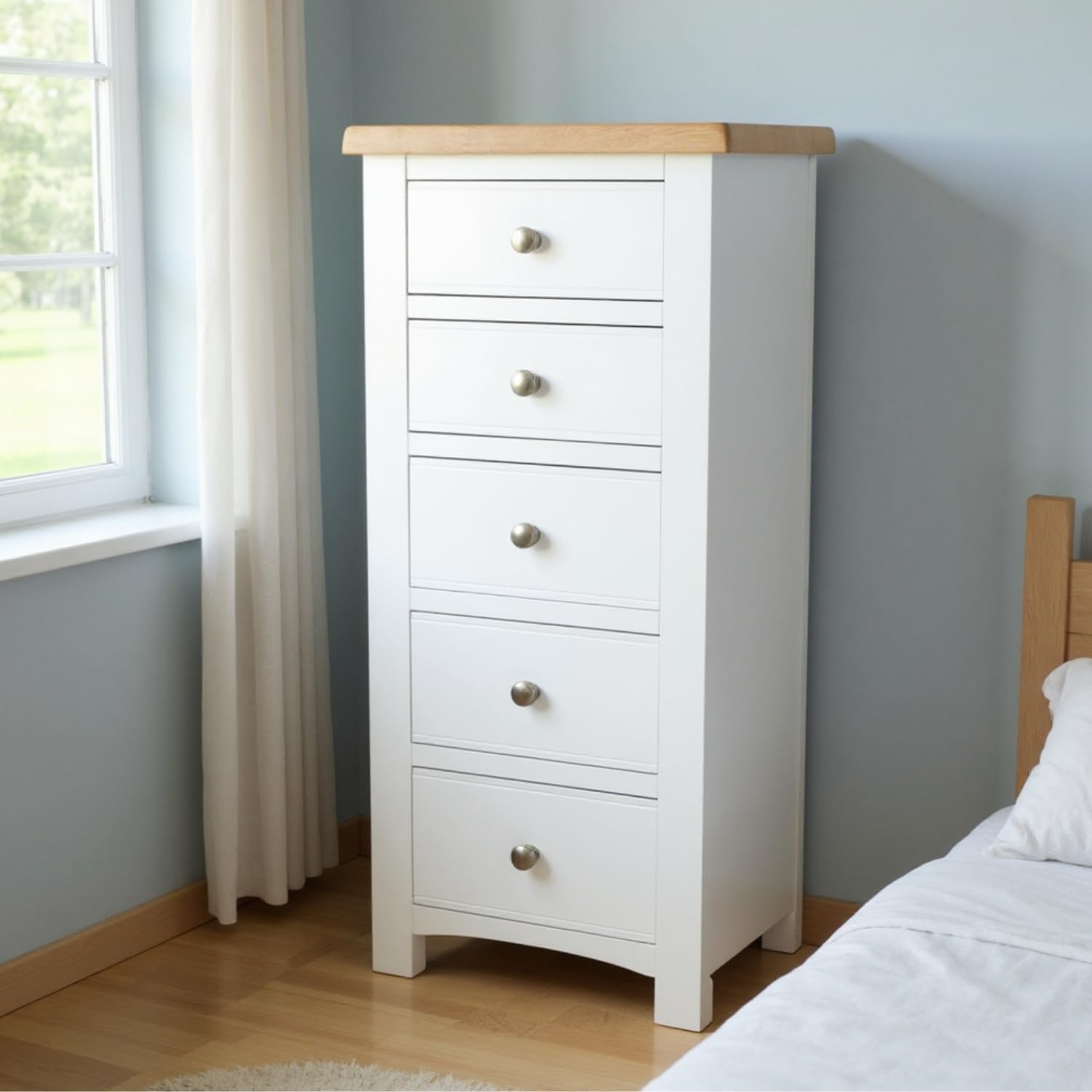 GROF Premium Chest of Drawer Slim Tallboy, 5 Drawer Tall Chest, Painted Bedroom Furniture, Painted White Tallboy Chest of Drawers for Bedroom, Fully assembled (White, W48cm - D40cm - H120cm)
