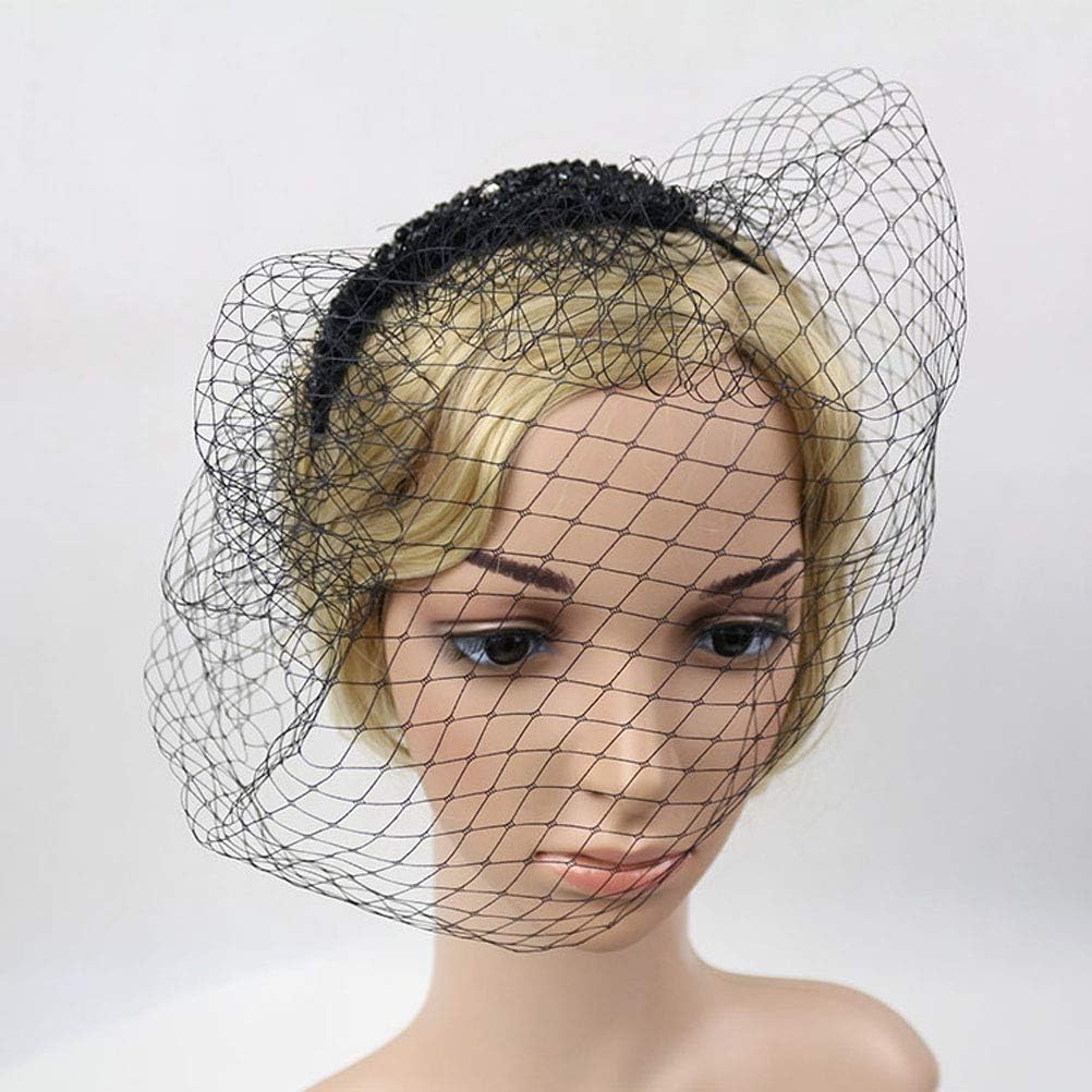 Lurrose Vintage Headband with Mesh Mask Manual Diamond Hairband Headwear Birdcage Veil Fascinator for Woman Girls (Black) - Image 5