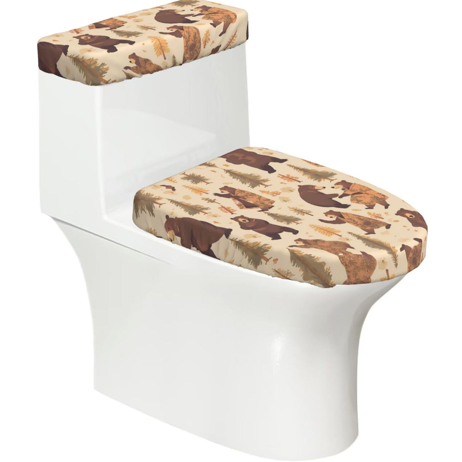 Jungle Brown Bear 2-Piece Toilet Seat Cover Set with Tank Lid - Elastic for U-Shape & Elongated - Bathroom Decor