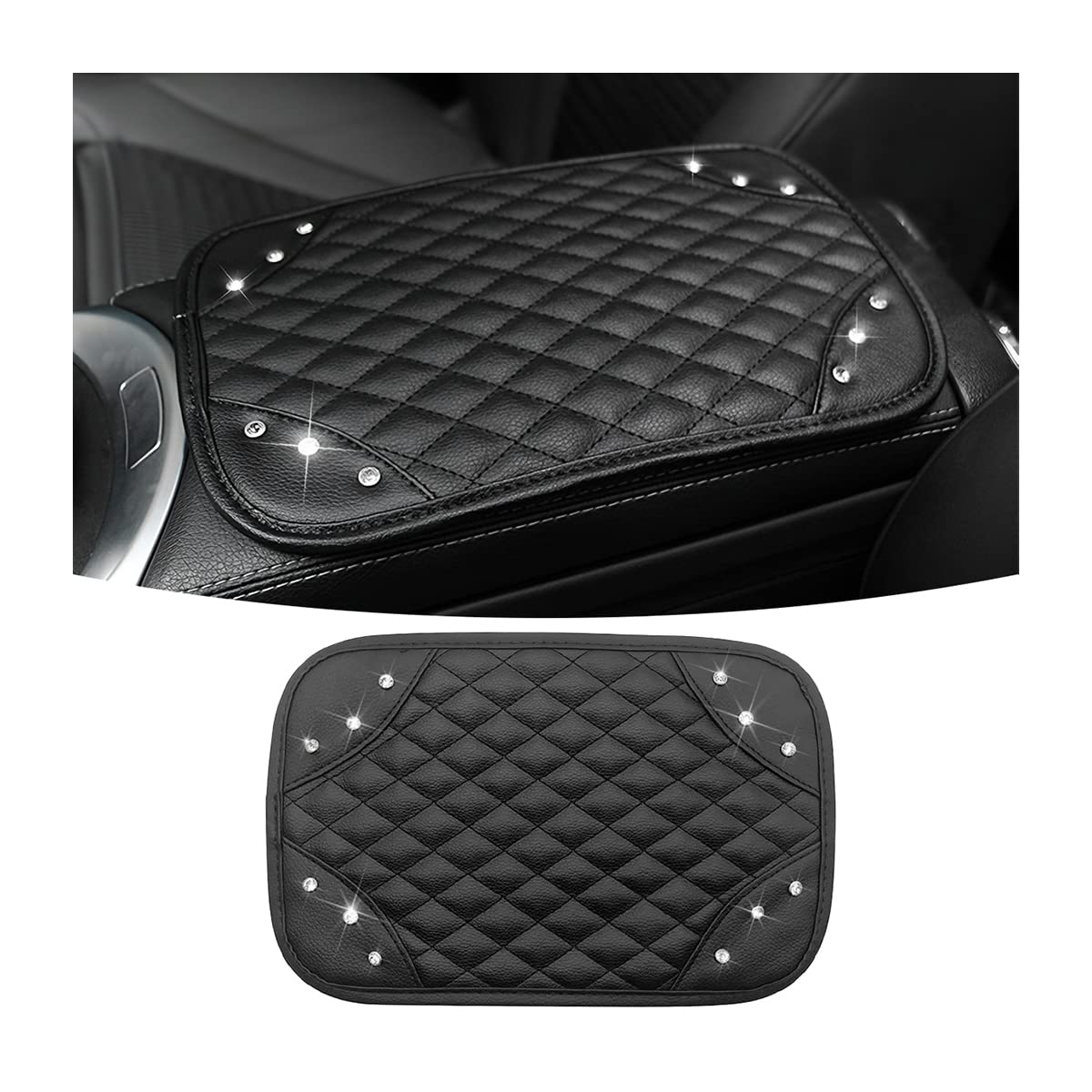AUCELI Bling Car Center Console Cover, PU Leather Armrest Storage Box Mat, Crystal Arm Rest Box Protector Cushion Pad, Diamond Car Interior Decor Accessories Universal for Most Vehicle (Black)