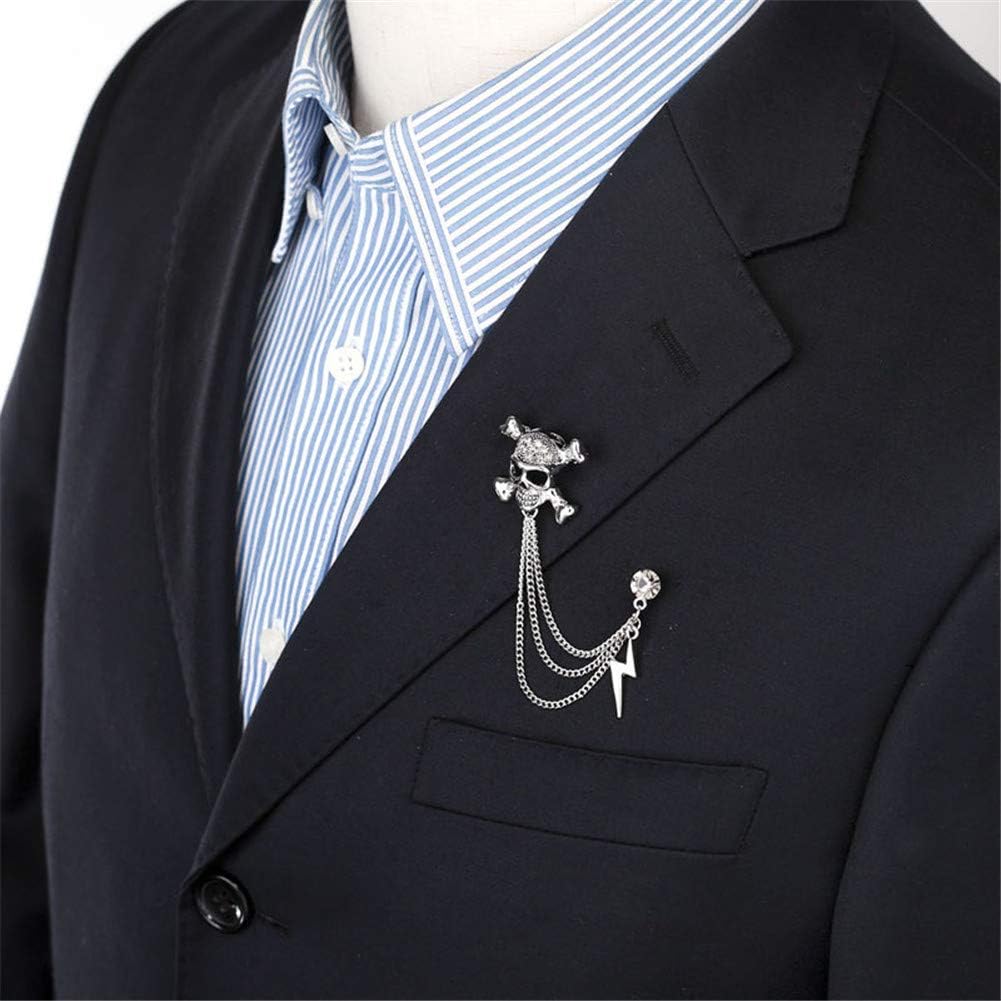 Vintage Skull Crossbone Rhinestone Brooch Retro Personality Crystal Lighting Chain Tassel Shirt Collar Suit Badge for Unisex Men