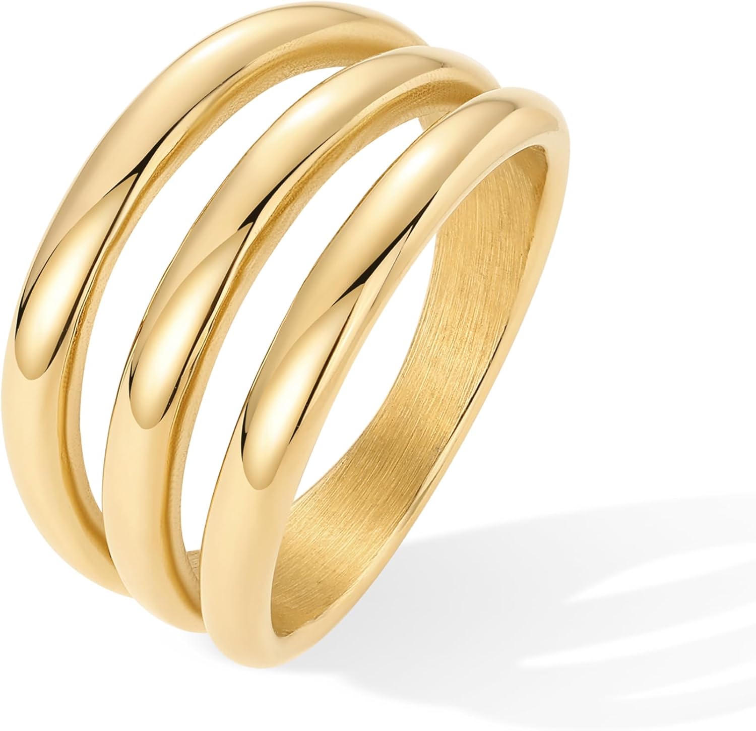 PAVOI 14K Gold Plated Chunky Curved Triple Stackable Ring for Women - Stainless Steel Three in One Statement Rings - Waterproof Thick Multi-Bands - Image 3
