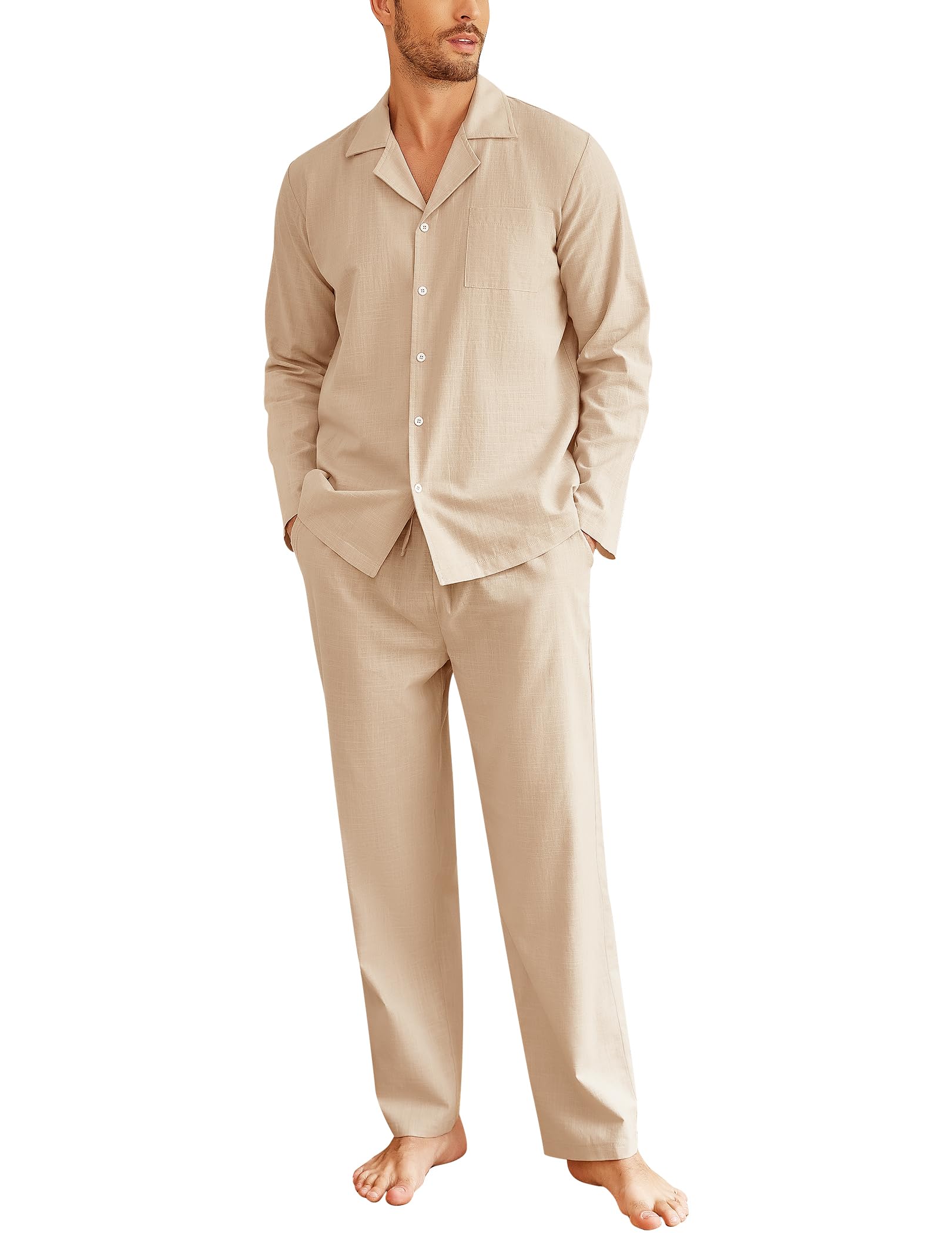 Ekouaer Schlafanzug Herren Lang Pyjama Baumwolle Zweiteiliger Nachtwäsche Langarm Loungewear Winter, S-XXL