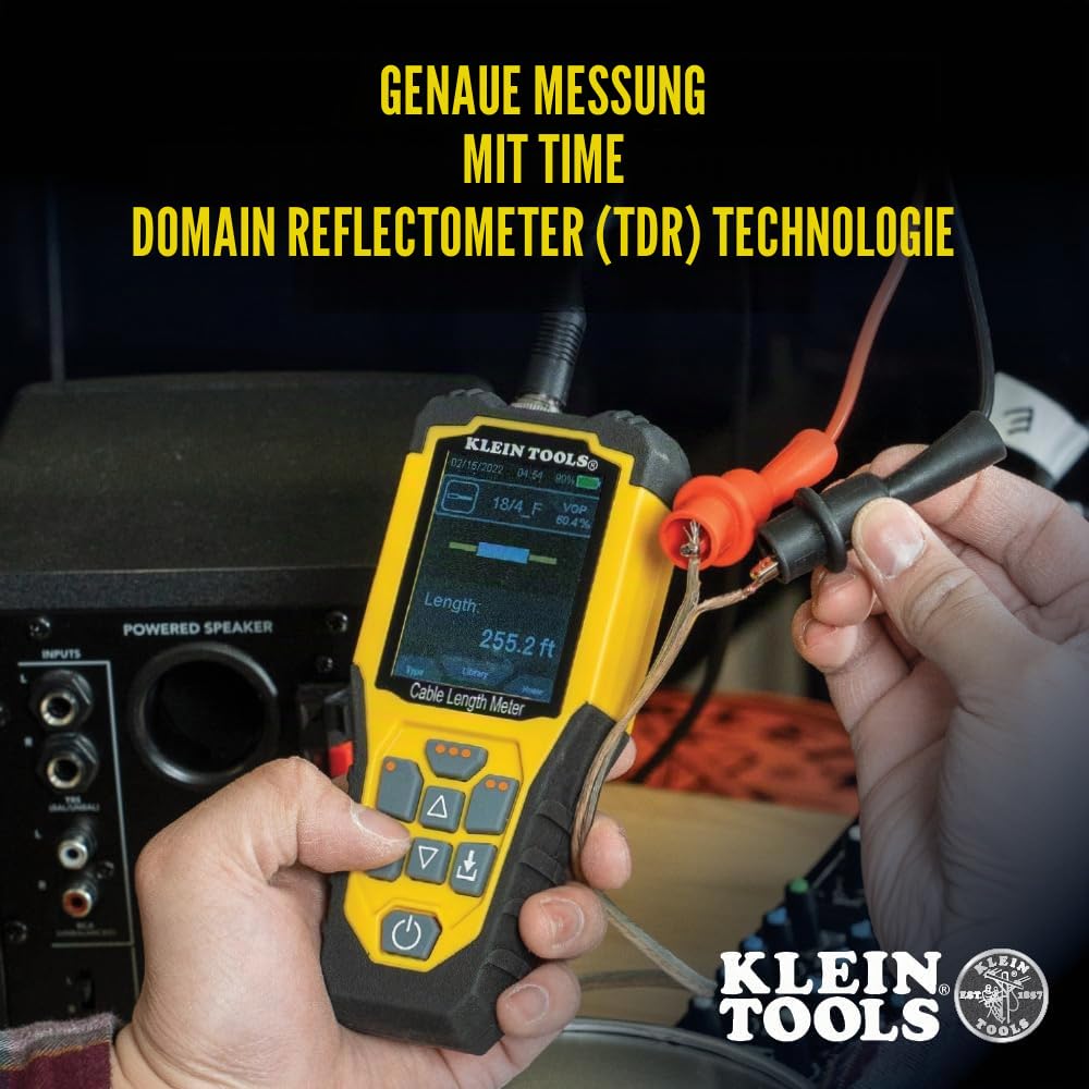 Klein Tools 501‑915 Kabellängenmessgerät | TDR-Technologie bis 3000 m | Für Koax-, Netzwerk- & Stromkabel | Fehlerortung | Farbdisplay | inkl. Testleitungen & Tasche