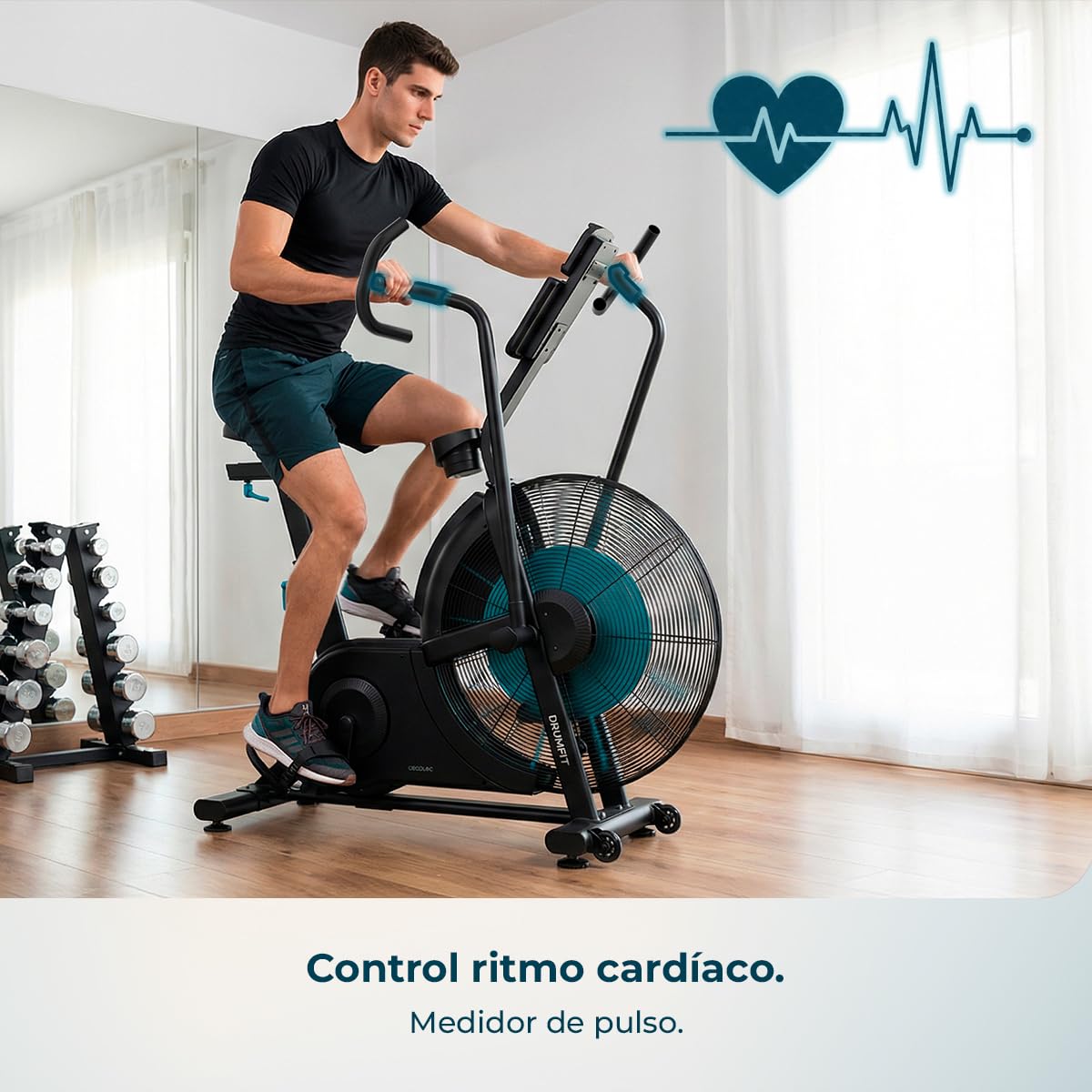 Cecotec Bicicleta de Aire Drumfit WOD Rider Ultimate. Ventilador 679.5mm, Pedaleo Bidireccional, Sistema de Doble Correa, Pantalla LCD HD, Compatible APP Mambo, hasta 150kg y 190cm de Altura