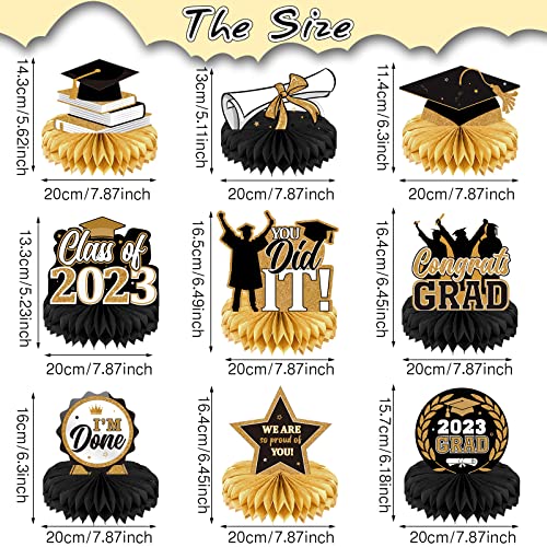 9 Pieces 2023 Graduation Party Table Decorations Class Of 2023 Congrats Graduation Centerpieces For Tables Congratulate Honeycomb Centerpiece Table Topper For Grad Party Favor Supplies (Black Gold) #TOP1
