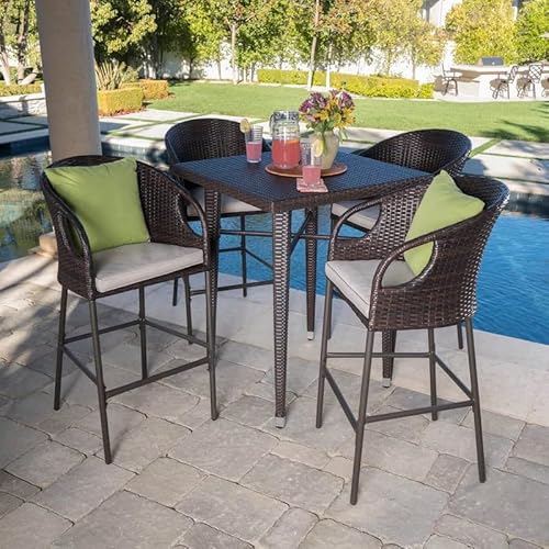 Counter Height Outdoor Dining Set: Stylish Comfort for Your Backyard Gatherings 2 OUTLIVING Patio Rattan Wicker Counter Height Square Bar Table With 4 Chairs and Cushion | Multipurpose 4 Seater Outdoor Bar Set Furniture for Backyard, Garden, Balcony, Poolside, and Courtyard (Brown)