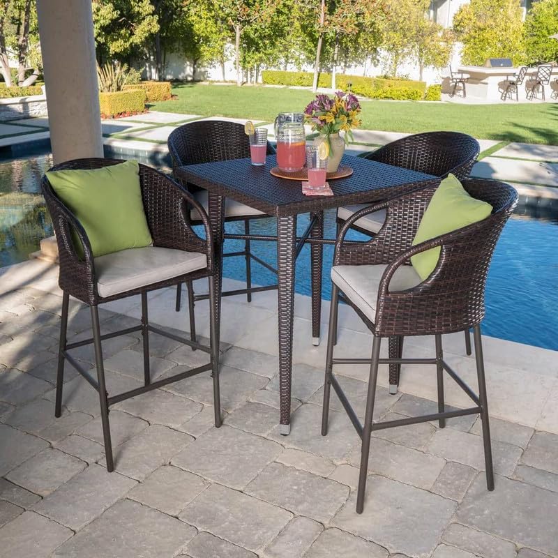 Image of OUTLIVING Patio Rattan Wicker Counter Height Square Bar Table With 4 Chairs and Cushion | Multipurpose 4 Seater Outdoor Bar Set Furniture for Backyard, Garden, Balcony, Poolside, and Courtyard (Brown)