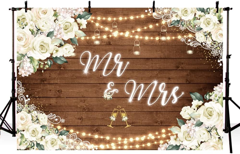 MEHOFOND 10x7ft White Floral Mr & Mrs Engagement Decorations Backdrop Couples Wedding Wooden Background Bride and Groom Engaged Ceremony Anniversary Bridal Shower Party Supplies Photobooth Props