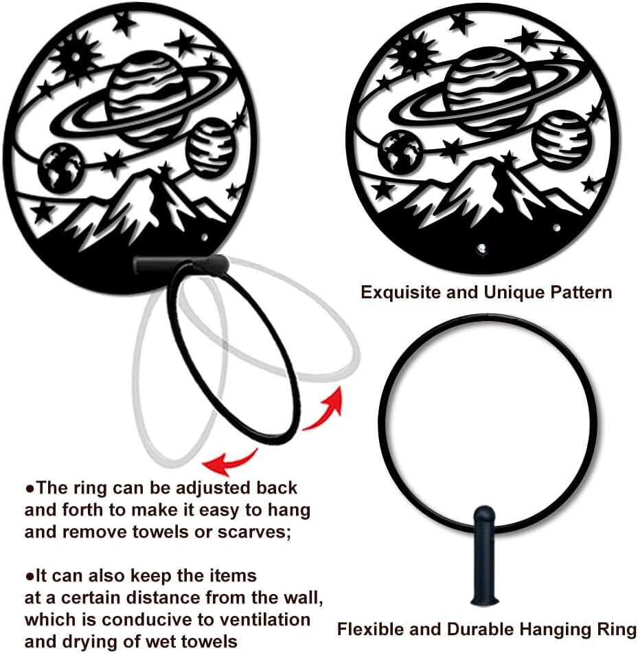 MAYJOYDIY Planet Metal Towel Ring Round Planet Mountain Stars Towel Holder Cartoon Ring Hanger Wall Mount Black Vintage Towels Wall Organizer for Kitchen Bath Home Laundry Room Decors Gifts image 4