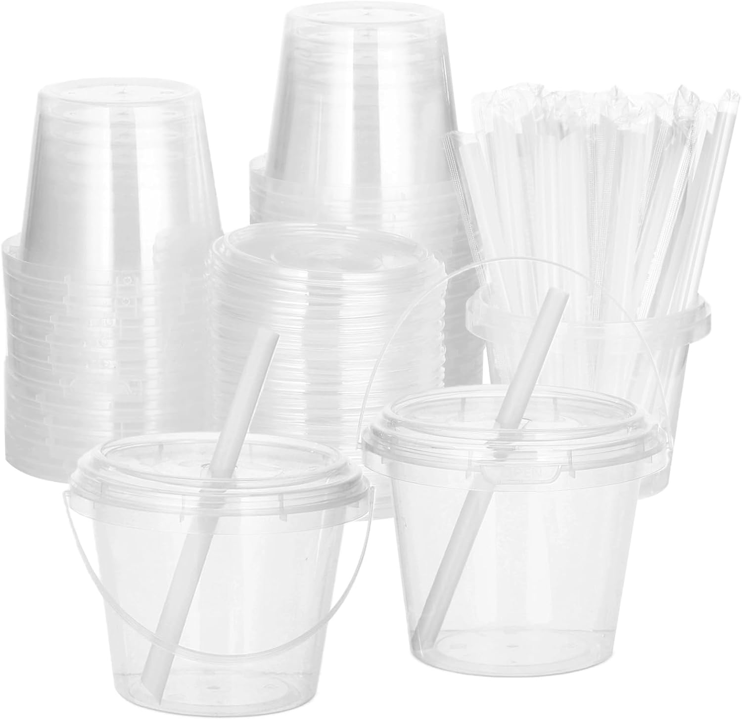 50 Sets 24oz Clear Plastic Drink Buckets with Lids and Straws, Disposable Bucket Cups, Iced Coffee Cups Cocktail Drink Buckets for Outdoor Holiday Beach Birthday Pool Party Supplies (Clear)