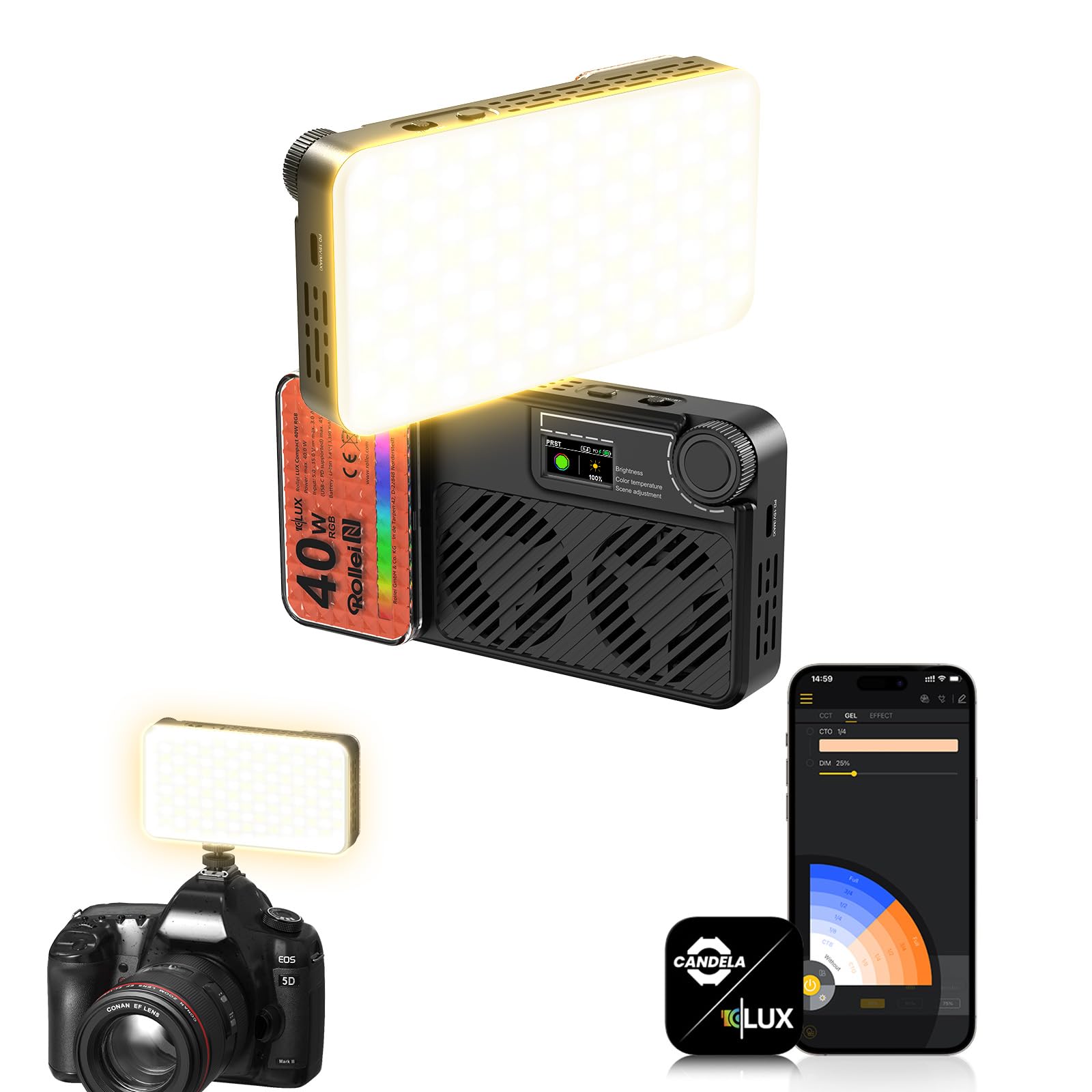 Rollei LUX Compact 40W RGB Faretto Fotografia, Luce Macchina Fotografica Portatile 282 g con Batteria Integrata Ricarica di Tipo C Controllo delle App Candela, Luci-Fotografia-Faretto-Video-Fotocamera