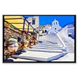 Black Framed Canvas Wall Art Decor for Living Room Bedroom Kitchen Bathroom Office Artwork Painting Traditional Greece charming floral streets Naxos island print picture poster 8x12