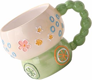 Ceramic Cartoon Coffee Mug,Aesthetic Hand-Painted Creative Ceramic Mug,Cute Mug, Aesthetic Coffee Mug, Ceramic Tea, 12oz/400ml for Tea Coffee, Milk and Oatm(Green-Lemon)