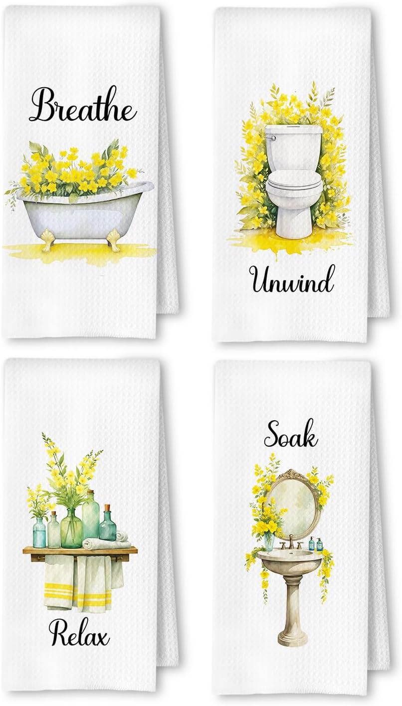 Farmhouse Yellow Botanical Bathroom Hand Towels, Relax Breathe Soak Unwind Botanical Decorative Hand Towels for Gym Yoga Spa Decor, 16x24 Inches Set of 4