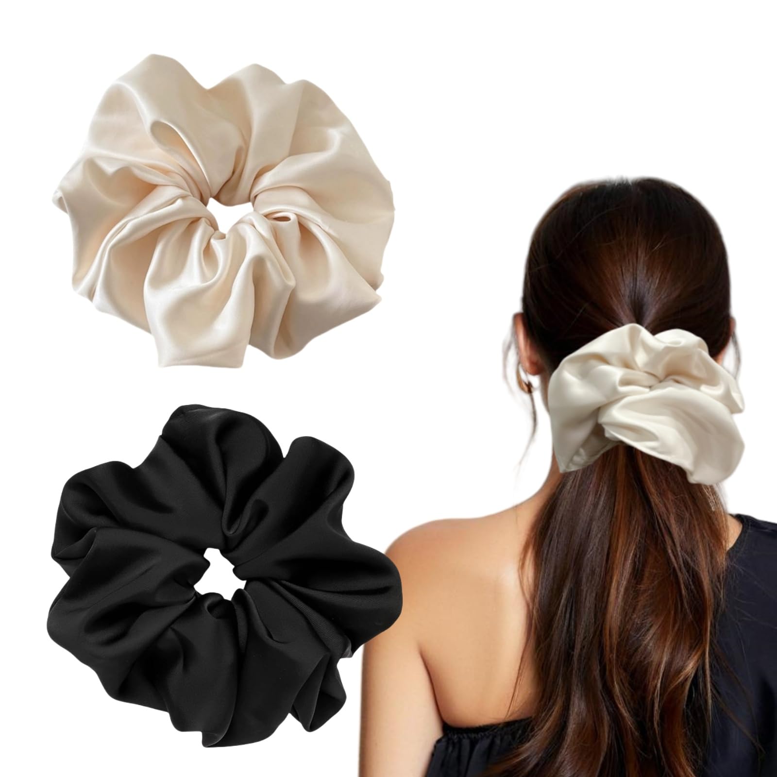 Elegant Oversize Satin Scrunchies - Black & Beige