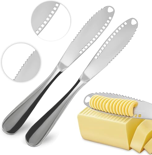 Juego de 2 cuchillos de mantequilla 3 en 1 - Cuchillo de mantequilla fría con agujeros en la hoja para cortar y esparcir fácilmente - Cuchillos