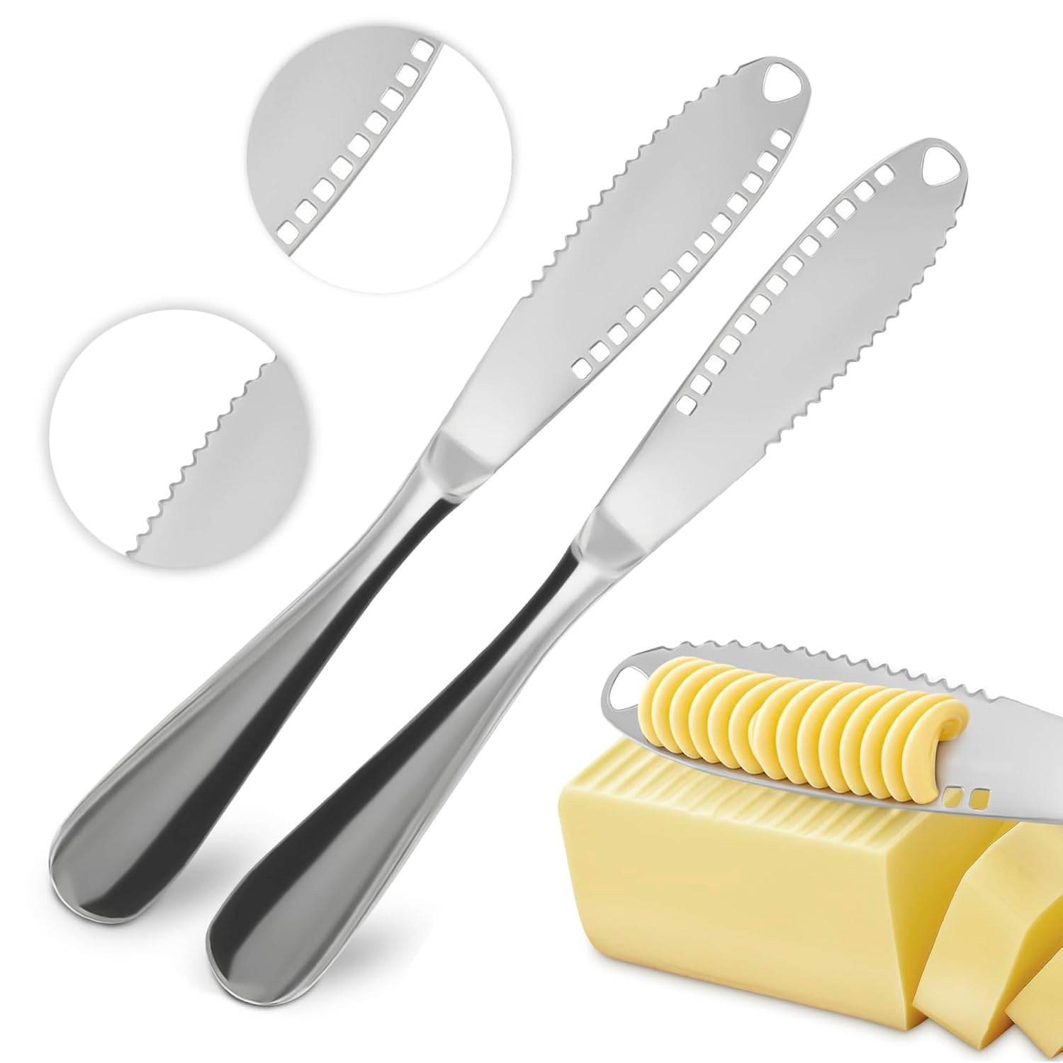 3 in 1 Butter Knife Spreader Set of 2 - Cold Butter Knife with Holes in Blade for