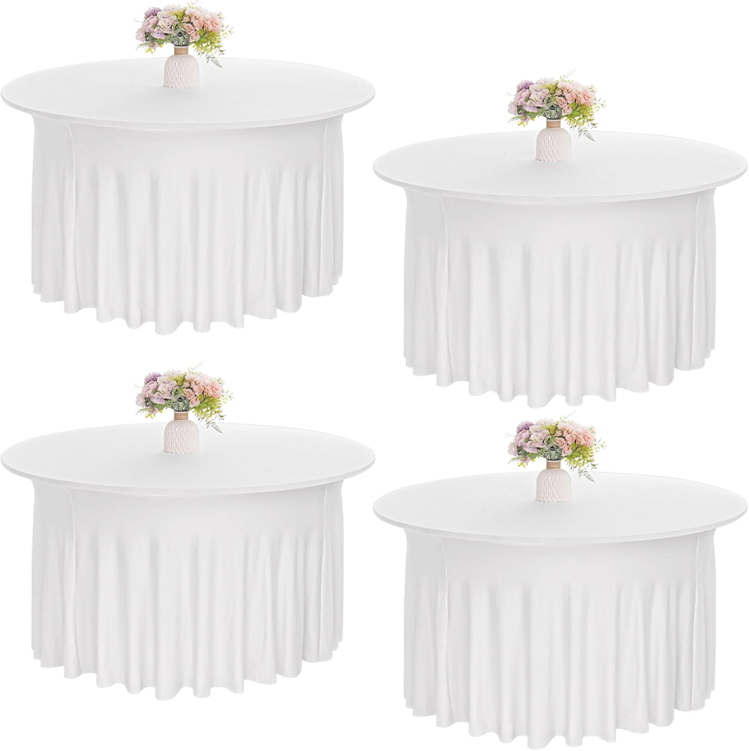 4 Pack 5FT Spandex Table Skirts 60 Inch Round Spandex Fitted Table Cover Washable Table Cloth for Wedding Trade Baby Shower Banquet Dining Table (White, 5FT)