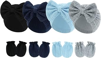 4 Pcs Newborn Hats Mittens Set Infant Cap Bow Hospital Beanie Preemie Hat for Baby Boy Girl 0-6