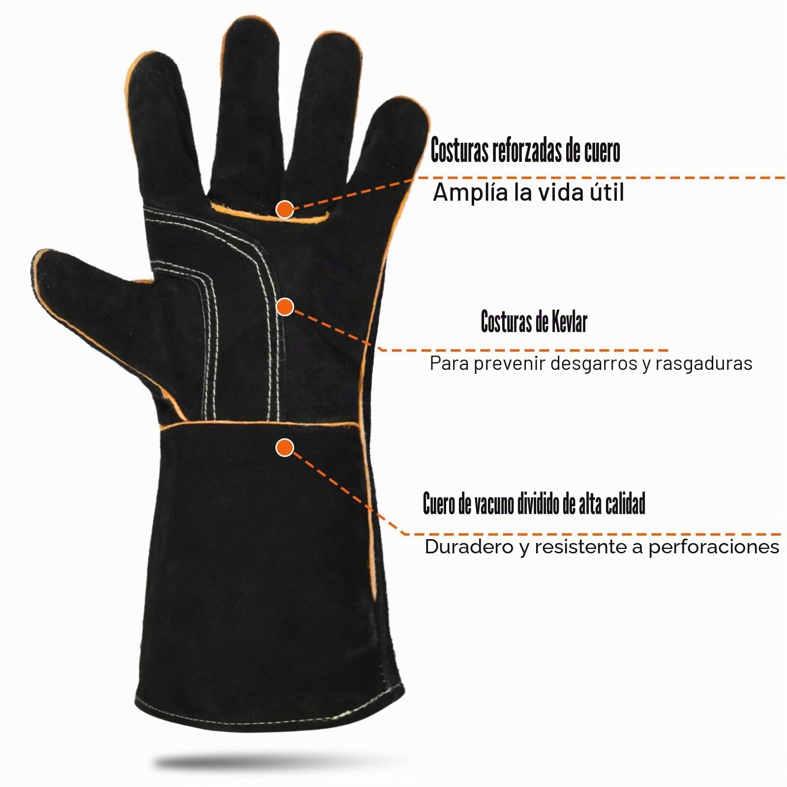 LeaSeek Guantes de Soldadura,Guantes de cuero resistentes para barbacoas (parrillas), soldadura y chimeneas. Resistentes al calor e ignífugos (14-inch, Negro)
