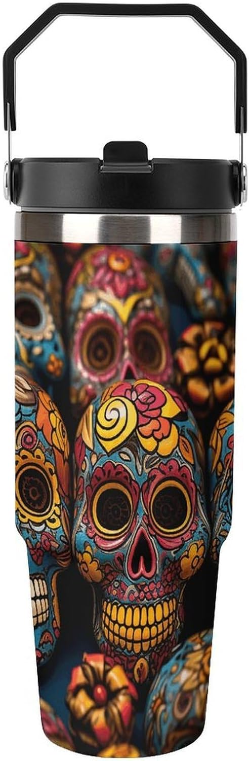 30oz Insulated Tumblers with Top Handle, Stainless Steel Colorful Sugar Skulls Car Cup with Straw for Gift, Leak-Proof Double Wall Vacuum Travel Mug, Personalized Water Bottles Black