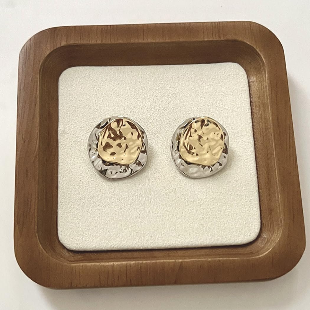 Two Tone Hammered Ear Jacket Earrings for Women Irregular Round Chunky Mixed Metal Earrings Minimalism Geometric Statement Jewelry Gifts