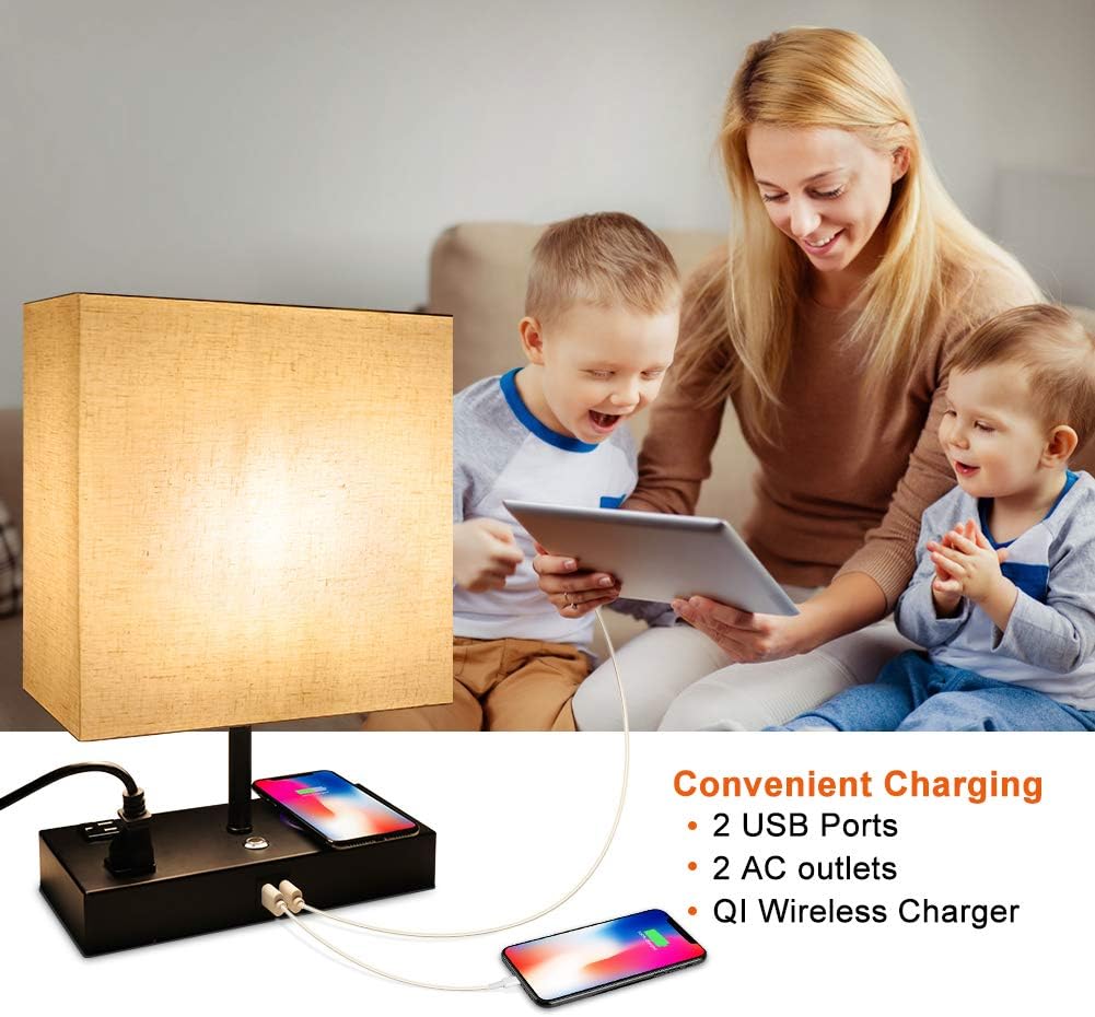 Table Lamp 3-Way Dimmable Touch Control Bedside Lamp with Wireless Charger,2 USB Ports and 2 AC Outlets Nightstand Square Lamp with Linen Fabric Shade for Bedroom Living Room Office Bulb Included