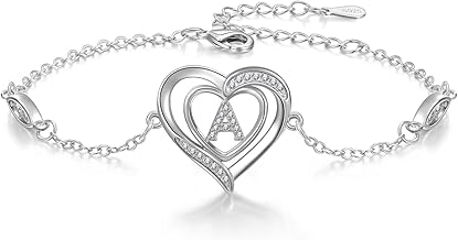 Women's Bracelet, 925 Sterling Silver with Heart Initial A-Z Jewellery Gifts, Birthday, Valentine's Day, Christmas, Day, Anniversary, Mother, Mum, Wife, Sisters, Silver Bracelet