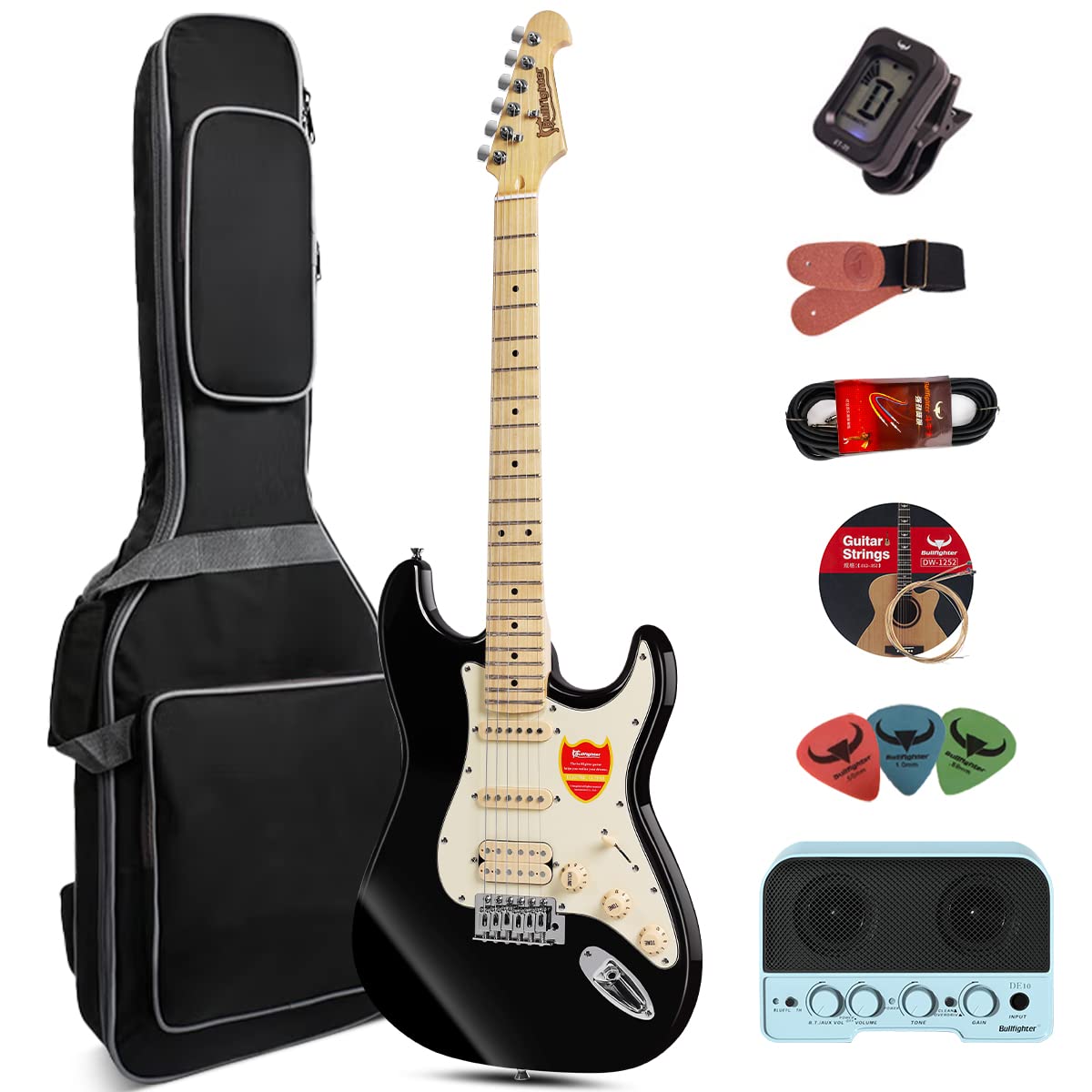 Electric Guitar Beginner Kit 39 Inch Full Size,Starter Package with Amplifier, Bag, Strap, String, Tuner, Cable and Picks (black)