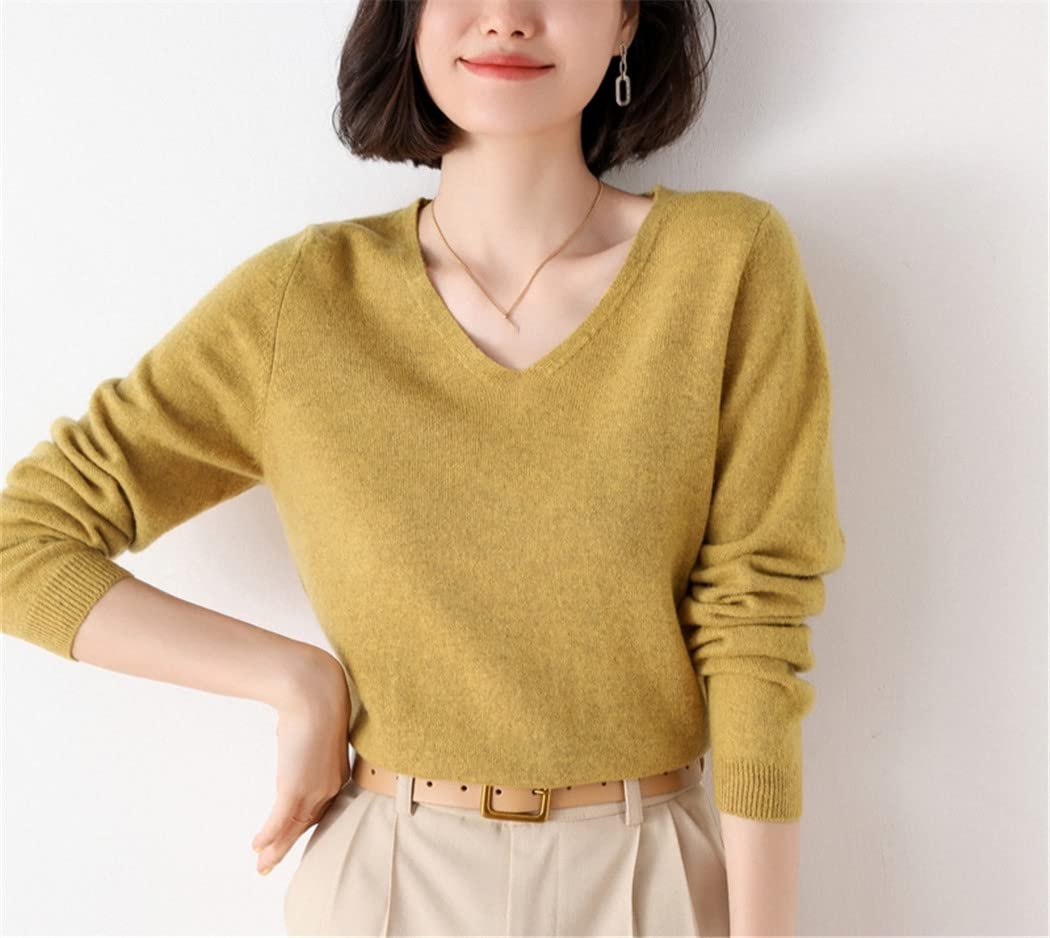Maglione lavorato a maglia All-Match con scollo a V in lana da donna autunno inverno, Beige, XL